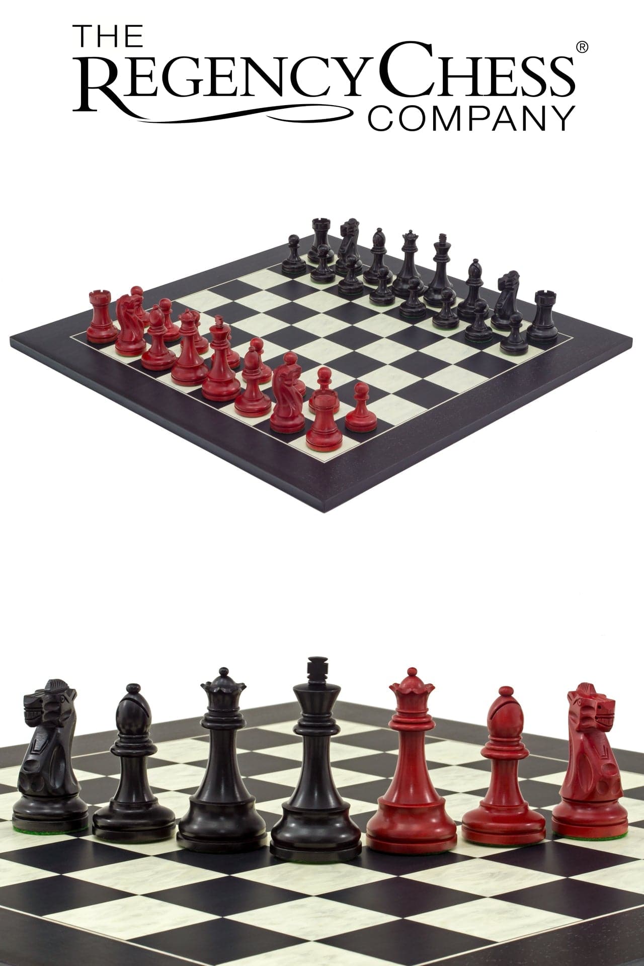 Red and Black Broadbase Chess Set with stylish Staunton design by The Regency Chess Company on black and maple board