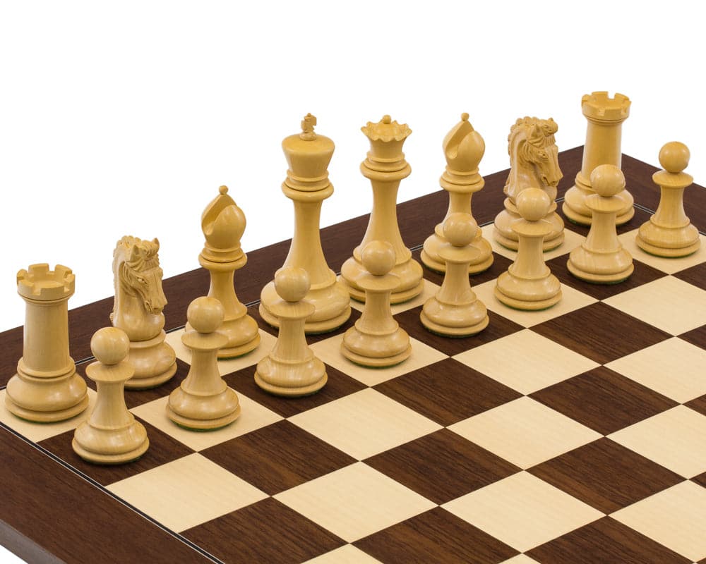 The Eminence Rosewood Palisander Deluxe Chess Set with intricately detailed chess pieces on a chessboard