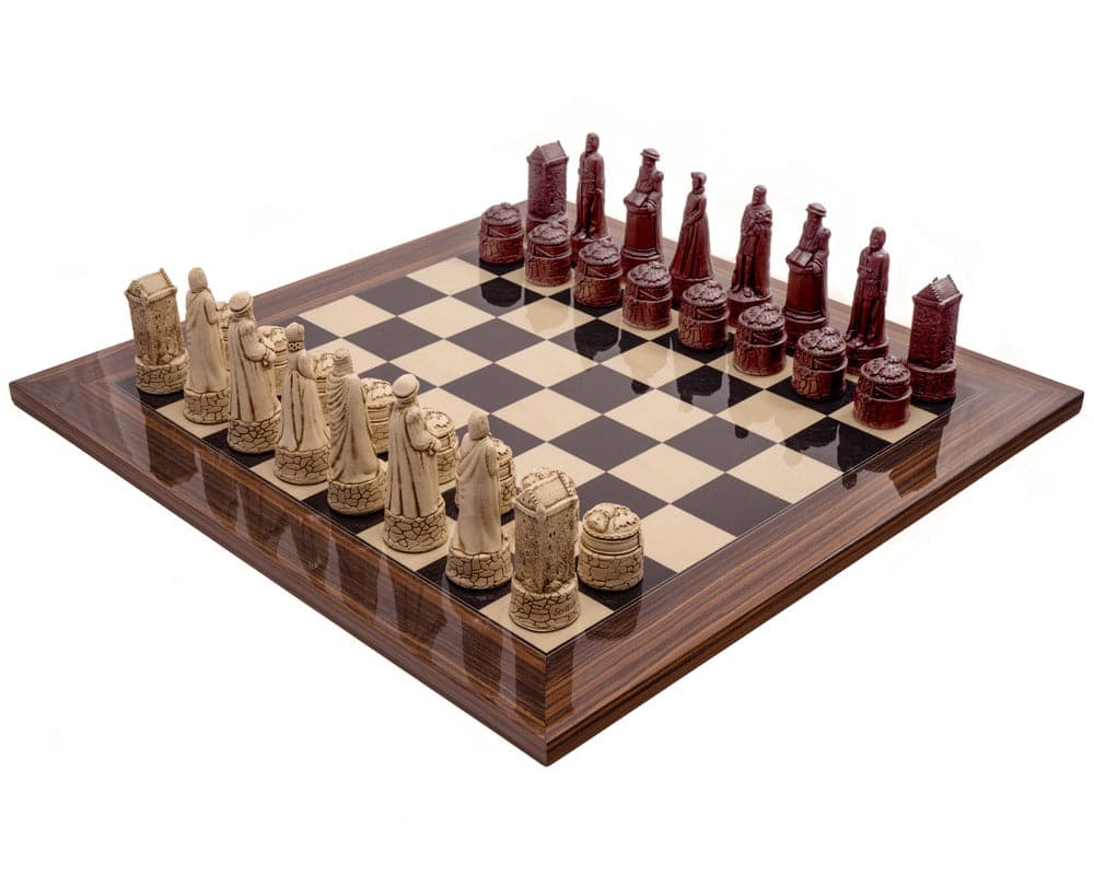 The Berkeley Chess Scottish Russet Palisander Chess Set with historical resin pieces on black Anegre and Palisander deluxe board.