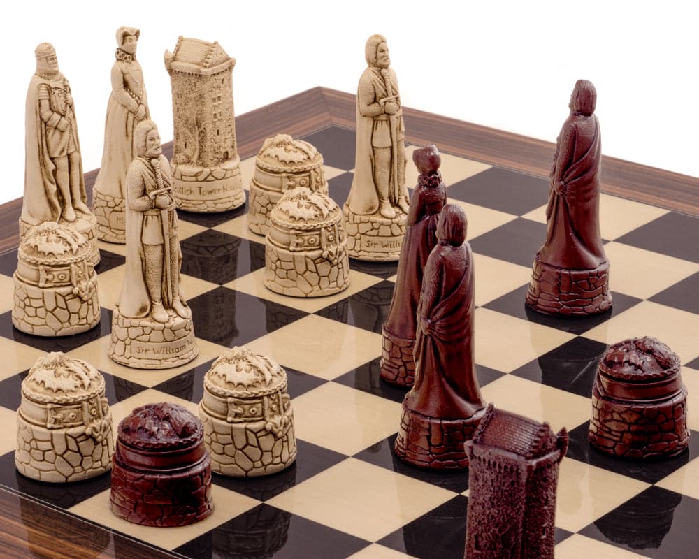 Scottish Russet Palisander Chess Set with detailed stone crushed resin pieces on a Black Anegre and Palisander board