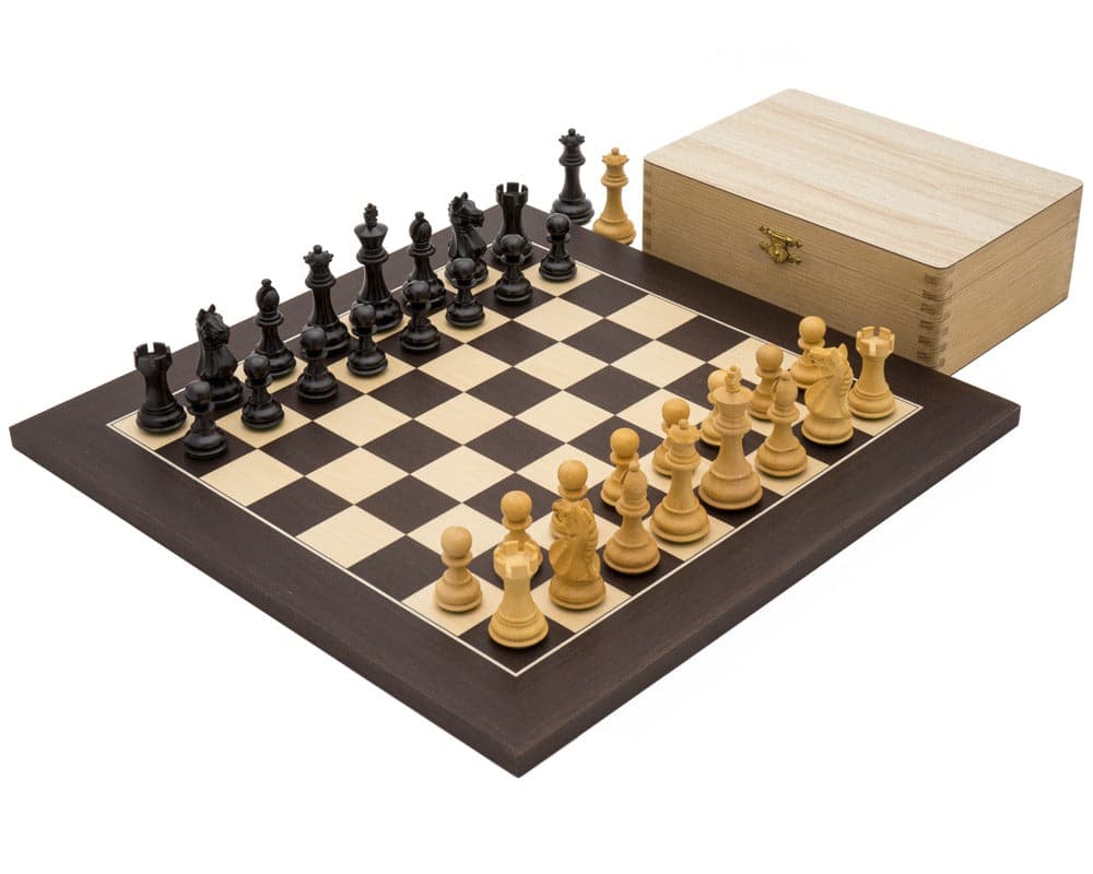 The Fierce Knight Black and Wenge Chess Set with handcrafted Staunton pieces, 3-inch King, deluxe board, and flock lined case