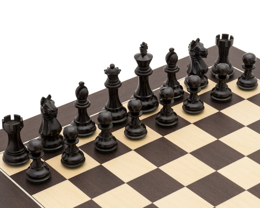 The Fierce Knight Black and Wenge Chess Set with Handcrafted Boxwood Pieces on Deluxe Board