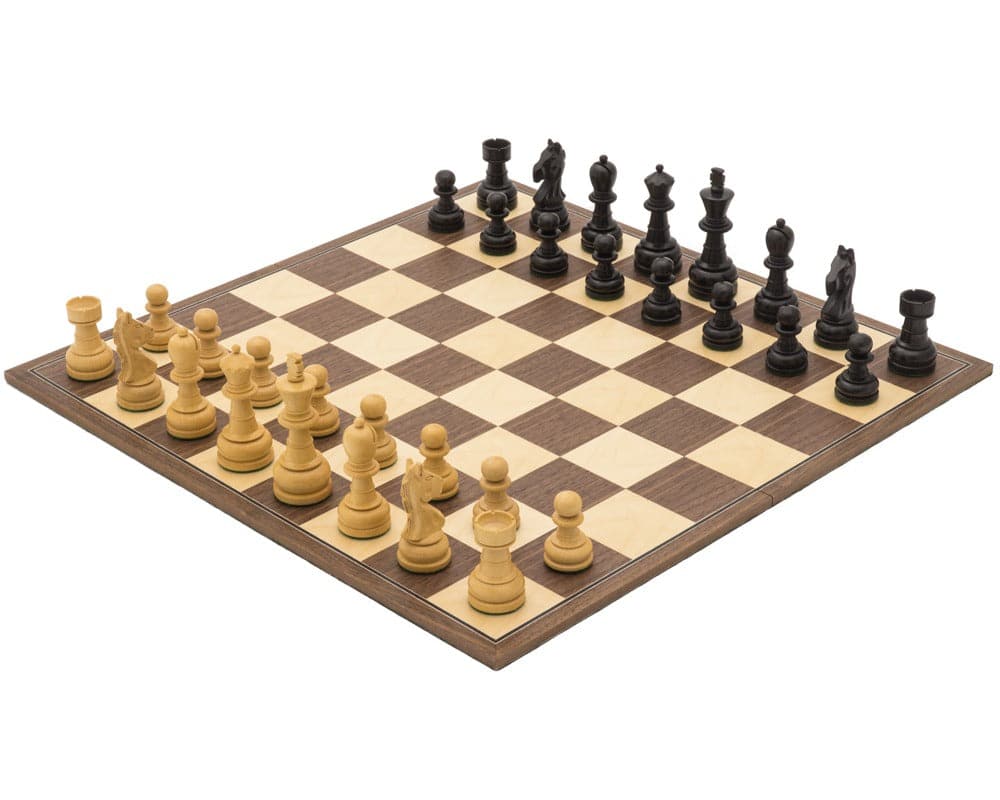 The Emerald Black and Walnut Folding Chess Set with pieces arranged on a wooden chessboard