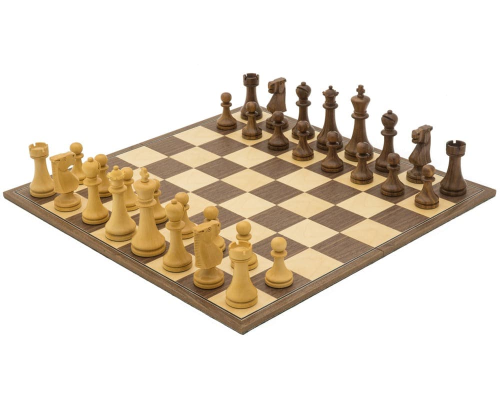 The Pioneer Golden Rosewood and Walnut Folding Chess Set with pieces arranged on the chessboard.