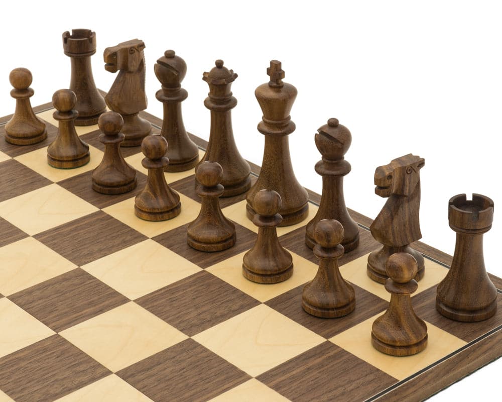 The Pioneer Golden Rosewood and Walnut Folding Chess Set with detailed game pieces on board