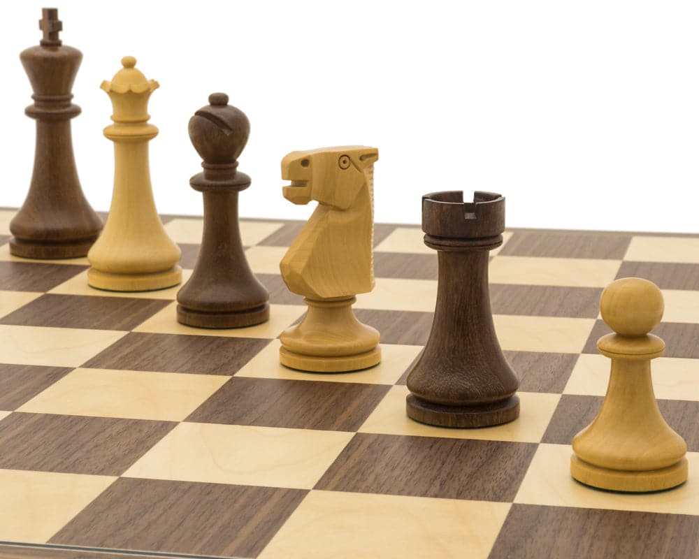 Close-up of chess pieces on The Pioneer Golden Rosewood and Walnut Folding Chess Set