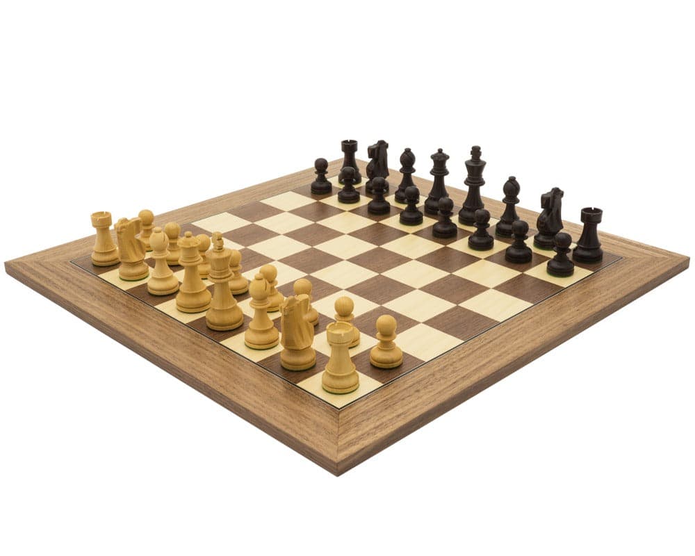 The Antiqued British Staunton and Walnut Deluxe Chess Set with Maple and Walnut wooden board showcasing stylish Staunton pieces.