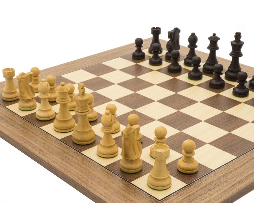 Antiqued British Staunton chess set with Maple and Walnut wooden board, featuring streamlined Staunton pieces in finest sheesham and boxwood.