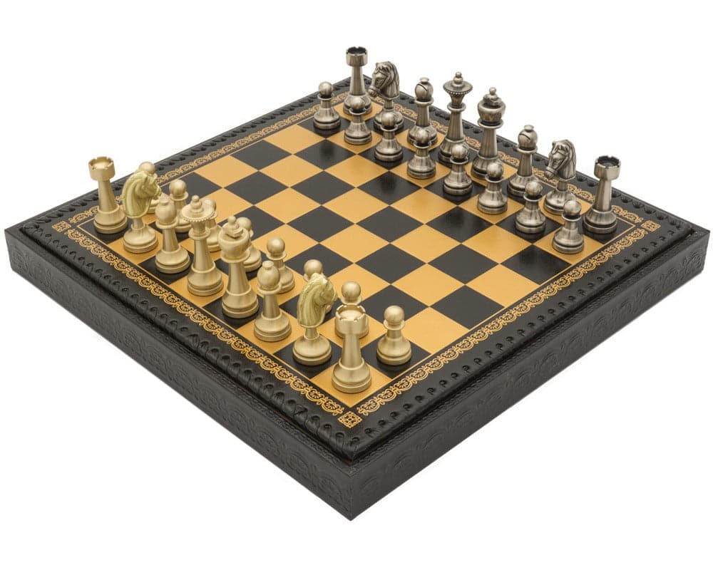 The Turin Nero Italian Chess Set featuring detailed ebony chessmen, incorporating a backgammon board, draughts, and dice.