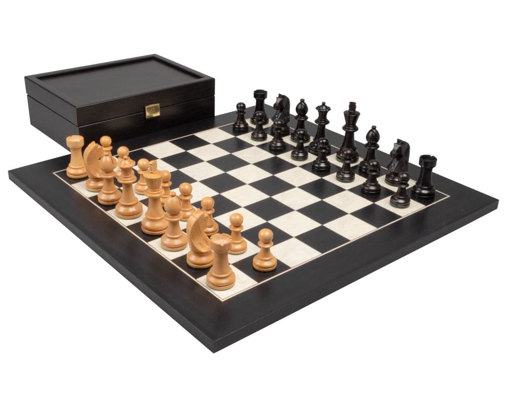 The Down Head Knight and Black Deluxe Chess Set with Case displayed on a chessboard.