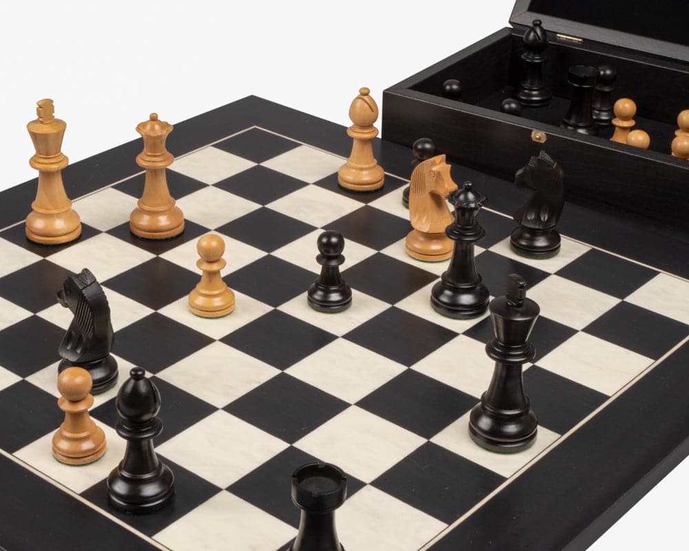 The Down Head Knight and Black Deluxe Chess Set with wooden pieces and storage case