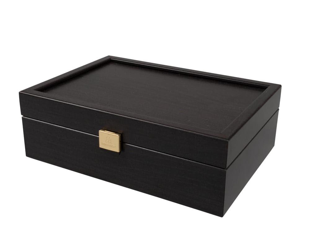 Black deluxe chess set case with gold latch for The Down Head Knight chess pieces.