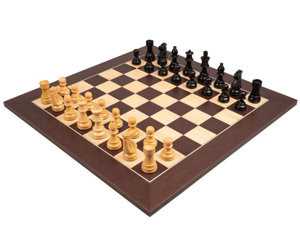 The French Knight Black and Wenge Chess Set with large, quality acacia pieces arranged on a 20 inch board, featuring a 4 inch king.