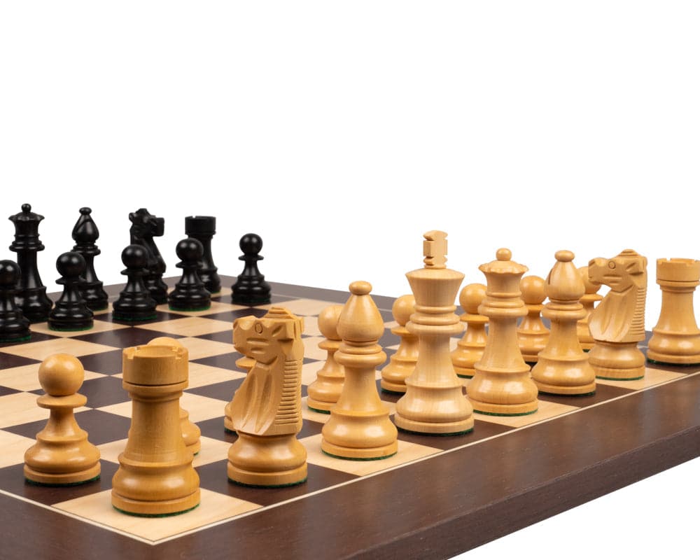 The French Knight Black and Wenge Chess Set with large, quality pieces crafted from acacia, including two additional queens, on a chess board.