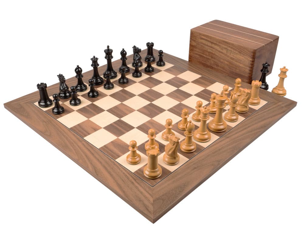 The 1869 Reproduction Staunton Ebony and Walnut Grand Luxury Chess Set with handcrafted chess pieces and deluxe board with storage box.