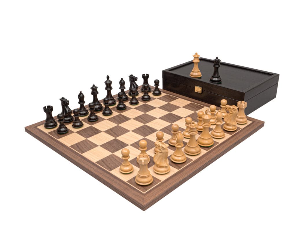 The Stallion black and maple competition chess set with 3.5 inch king pieces, 17.75 inch Spanish walnut and maple board, and wooden storage case.