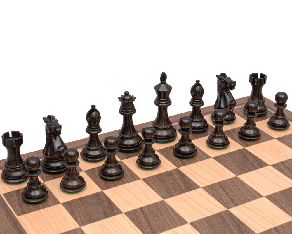 The Stallion Black and Maple Competition Chess Set on a 17.75 inch Spanish board with 1.97 inch playing squares. Classic Staunton design chess pieces.