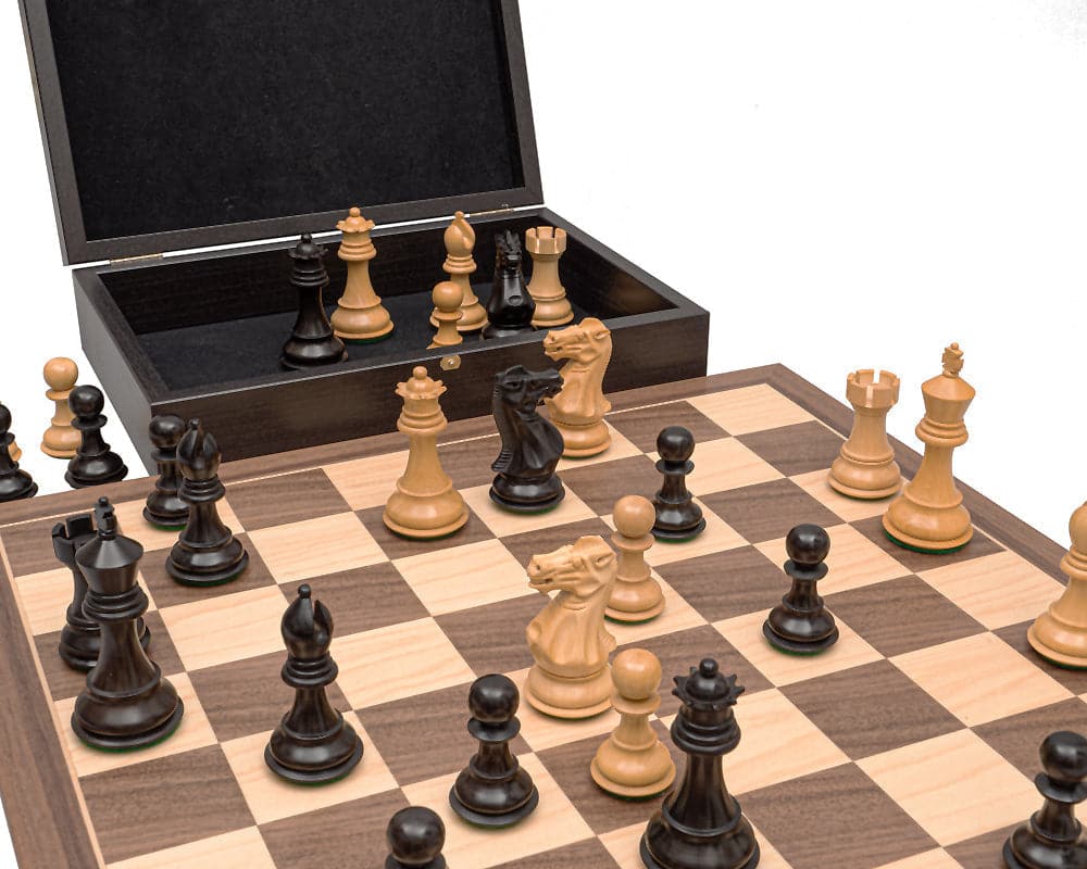 The Stallion Black and Maple Competition Chess Set with weighted and felted chessmen on a Spanish walnut and maple board and wooden storage case.