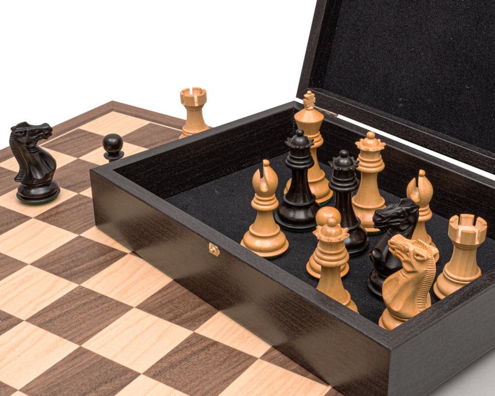 The Stallion Black and Maple Competition Chess Set with weighted and felted chessmen, 3.5 inch king, on a 17.75 inch Spanish walnut and maple board