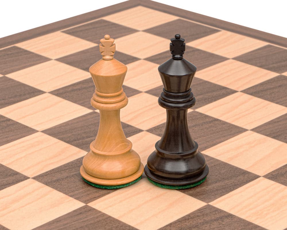 Black and maple king chess pieces on high grade walnut and maple chessboard from Stallion Competition Chess Set