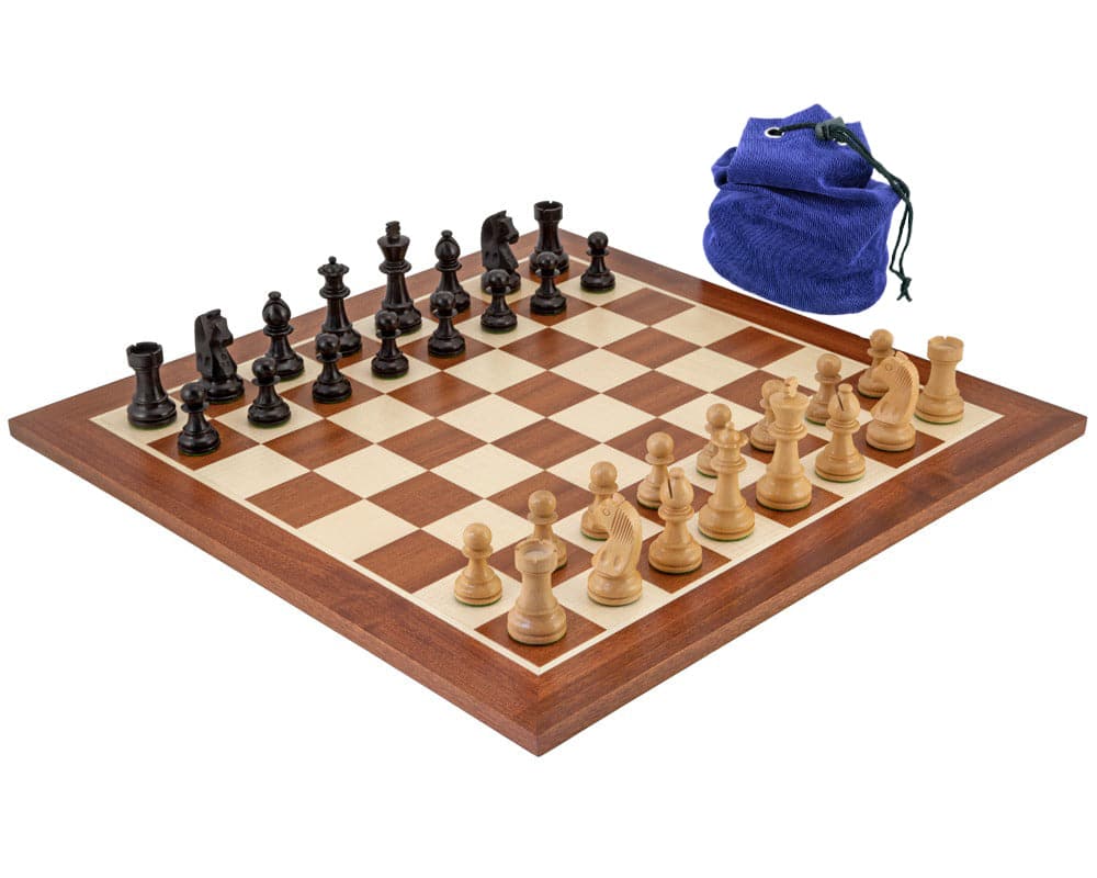 The Down Head Grand Black Mahogany chess set with fabric bag on a 19.7 inch Spanish Mahogany board with 1.97 inch playing squares.