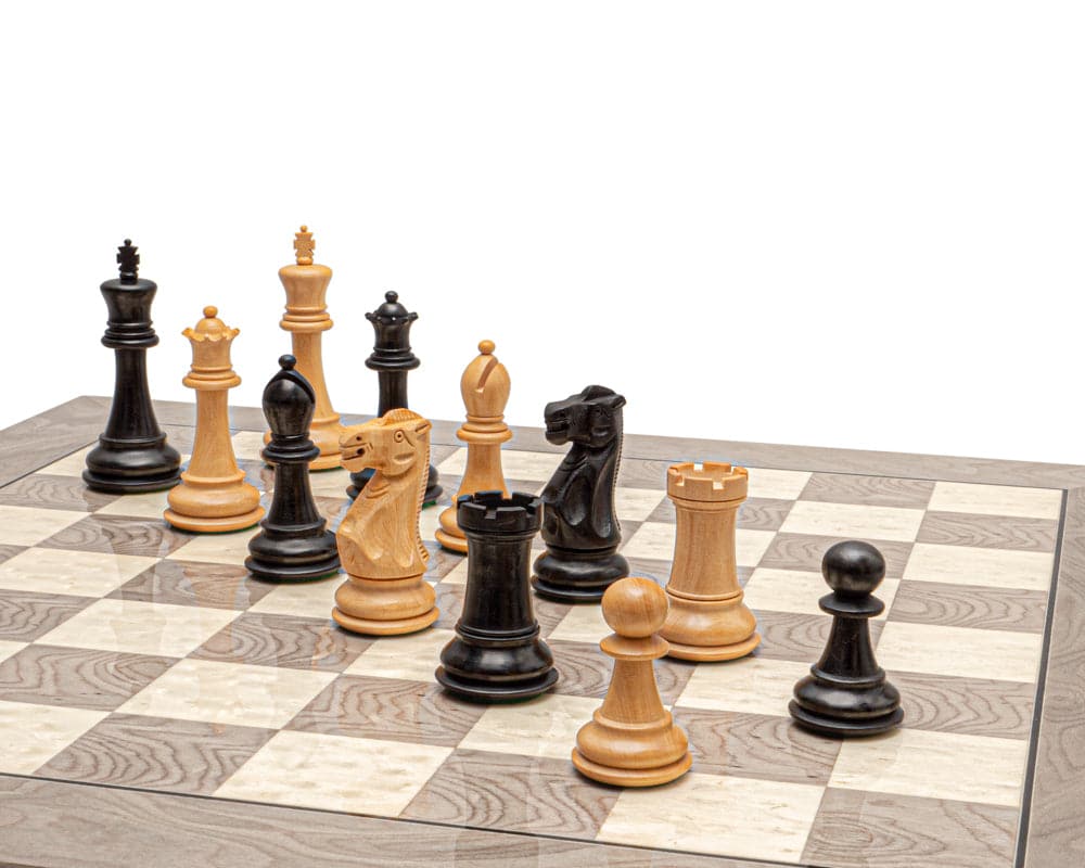 The Victoria Black and Grey Ash Burl Classic Chess Set with ebonised boxwood and boxwood chessmen on 19.7 inch Spanish board