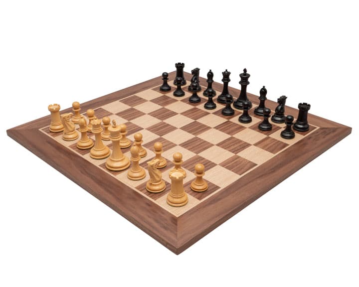 The Old English Elite Walnut and Black Deluxe Chess Set with classic Staunton design on a 20-inch walnut and maple veneer board.