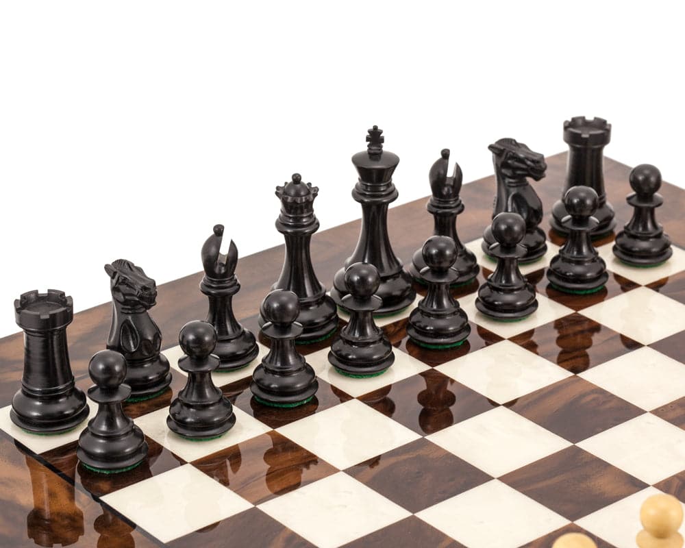 Highclere Ebony and Dark Walnut Luxury Chess Set on Walnut and Maple Board with Hand-carved Acacia Pieces and Weighted Felted Bases