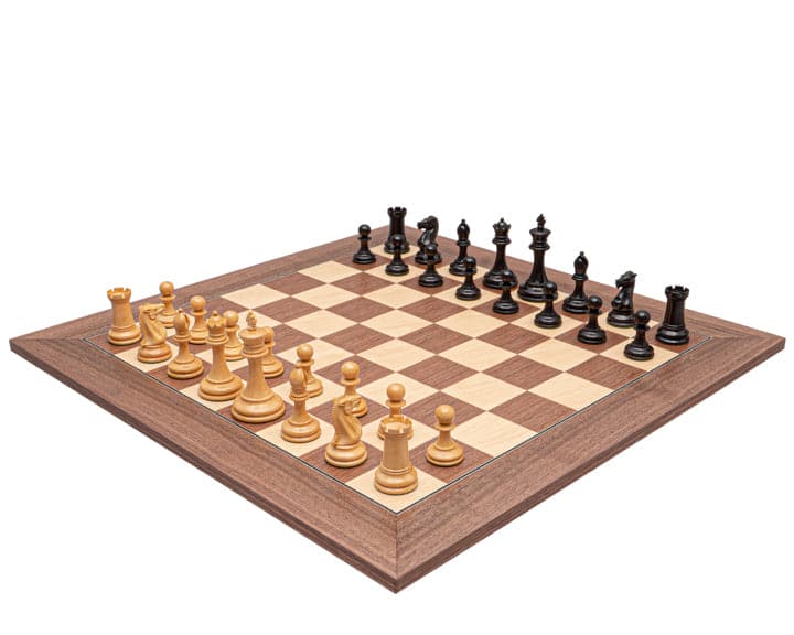 The Rochester Ebony and Walnut Grand Chess Set with 4 inch king and luxurious 23.6 inch board featuring Classic Staunton design and two extra queens.