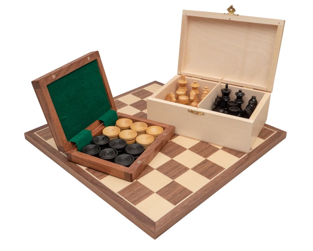 Traditional Chess and Draughts Set with Staunton design, felted bases, chess piece case, boxwood and ebonised carvings on a walnut and maple board.