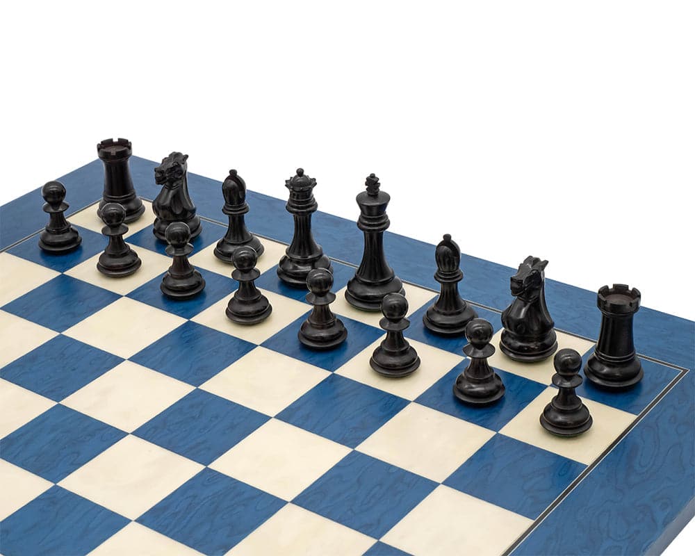 The Blue and Black Tournament Chess Set with black pieces arranged on a blue and white checkered board.