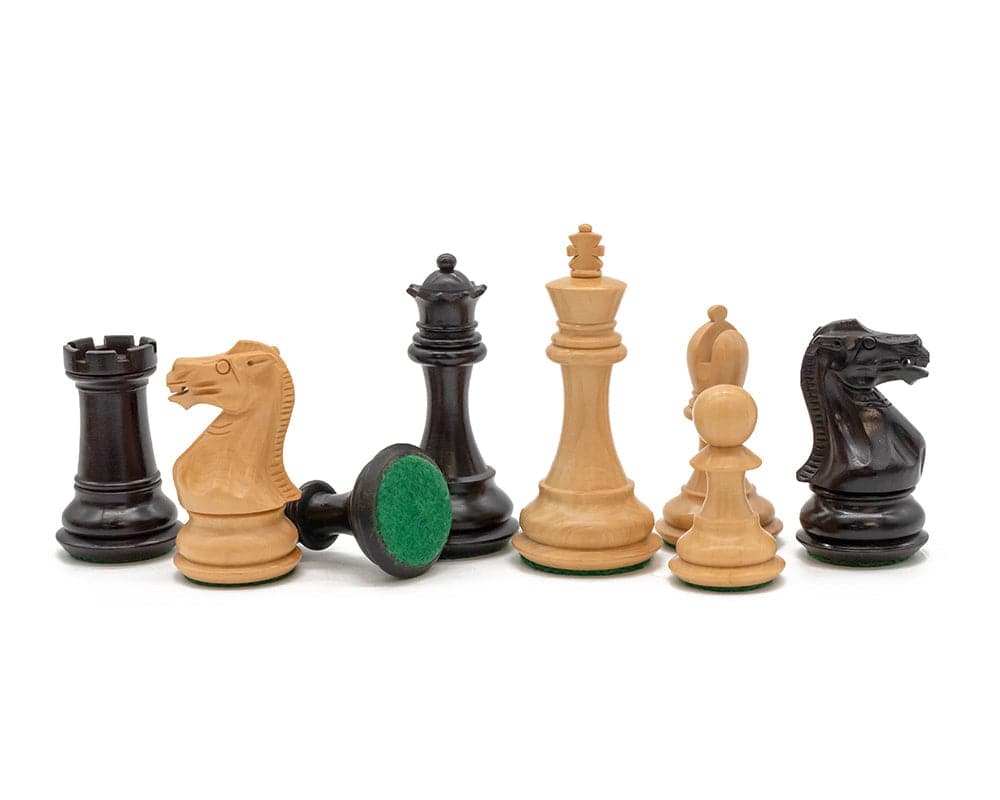 The Blue and Black Tournament Chess Set with detailed wooden pieces and case.