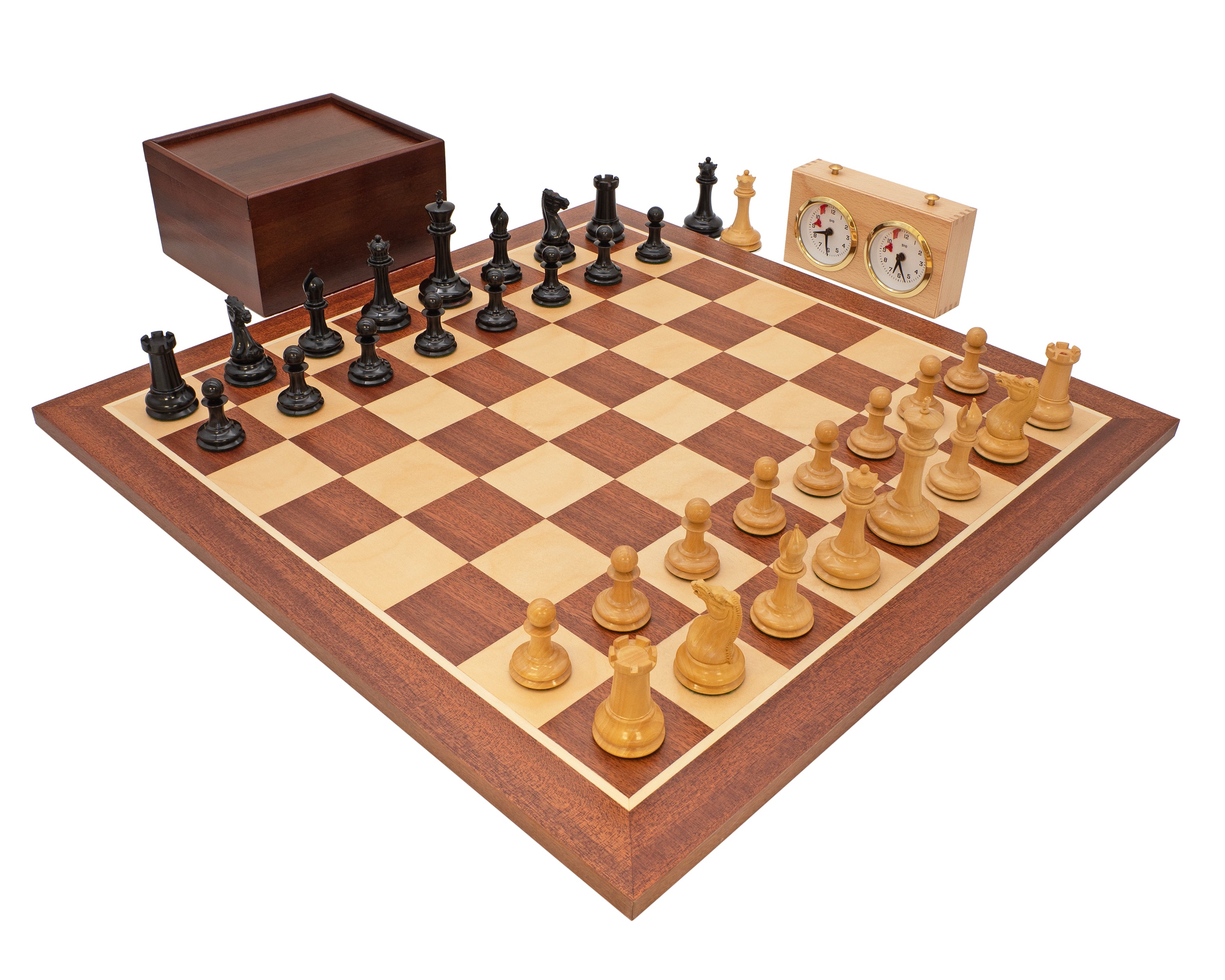Zestaw szachowy Ebony and Mahogany Deluxe z limitowanej edycji London z 1850 r. z etui i zegarem