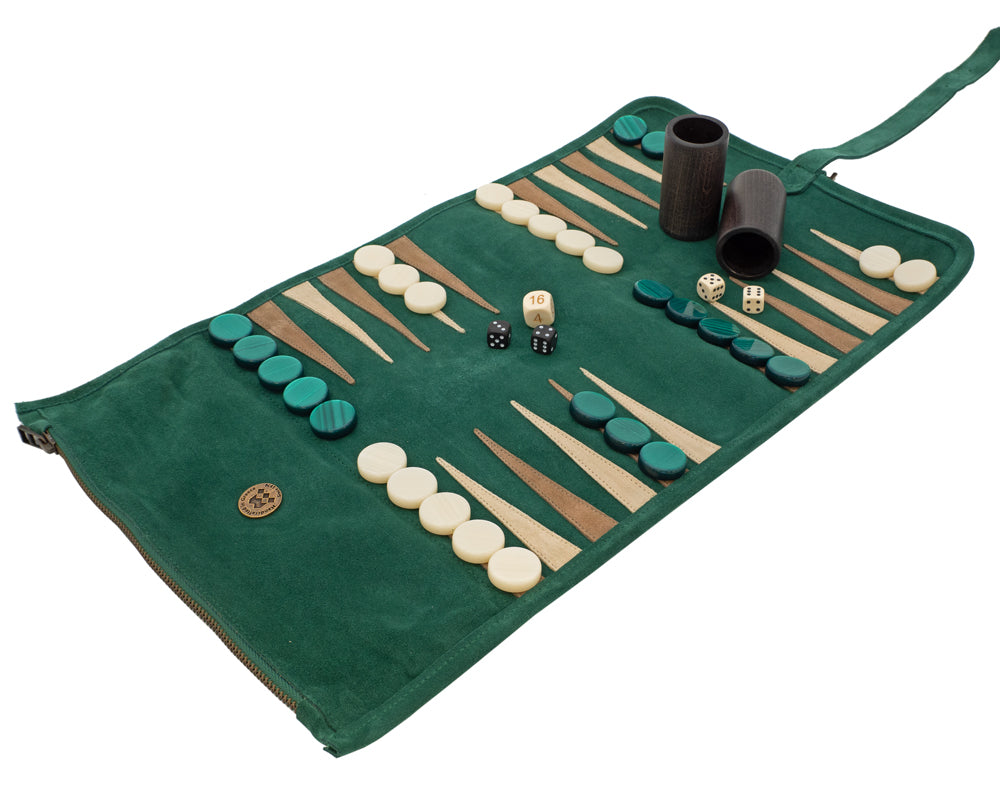 Manopoulos zamszowy, rolowany, podróżny zestaw do backgammona – zielony