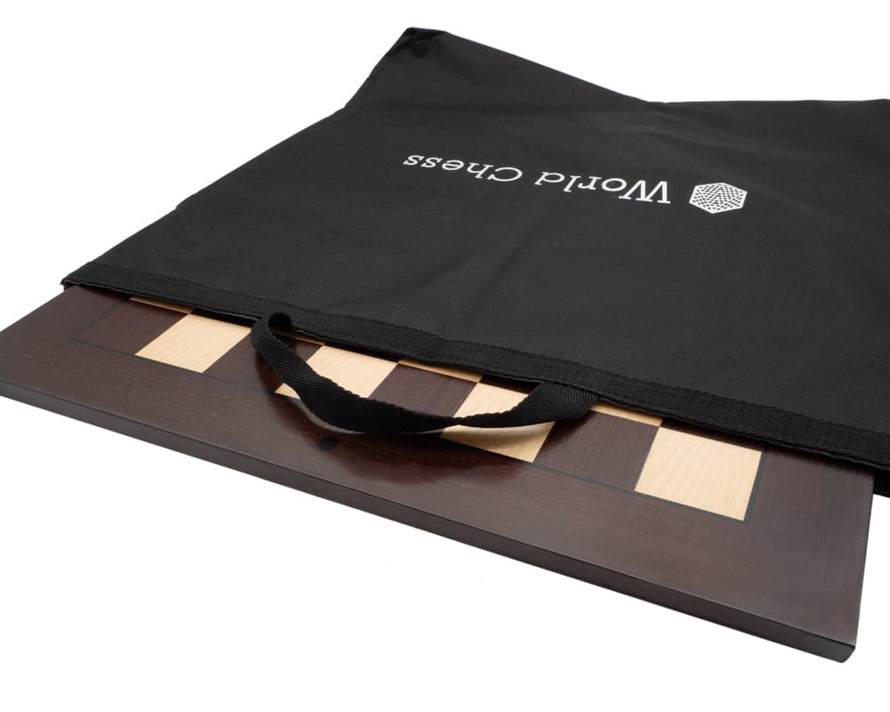 World Chess Wenge board with storage bag partially pulled out, showcasing the board's design and the branded carrying case.